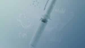 Caneta injetável sobre fundo azul com elementos gráficos científicos, representando medicamentos para emagrecimento e tecnologia farmacêutica.