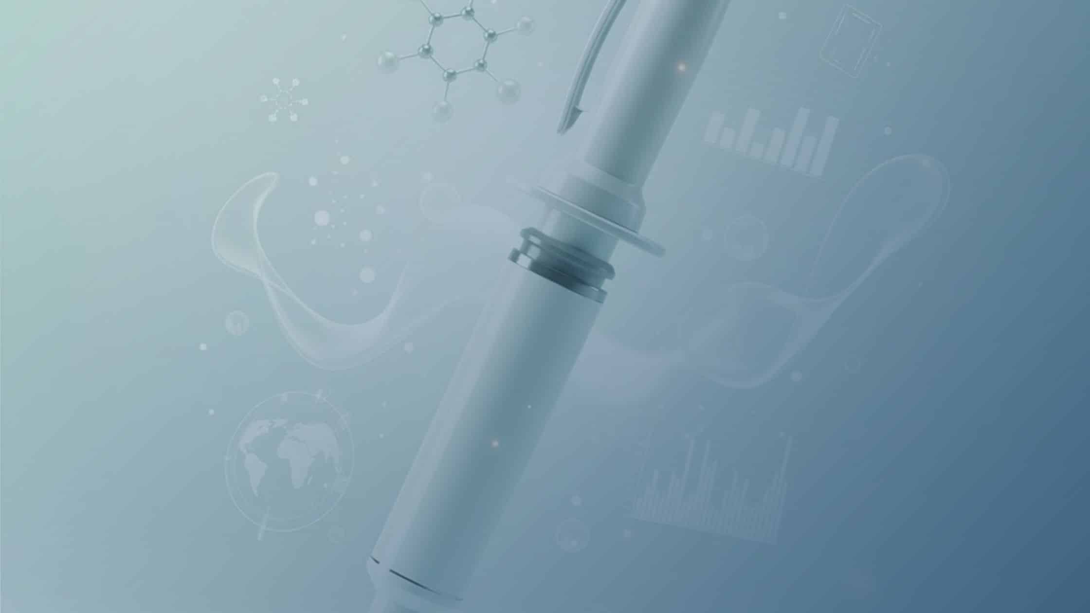 Caneta injetável sobre fundo azul com elementos gráficos científicos, representando medicamentos para emagrecimento e tecnologia farmacêutica.