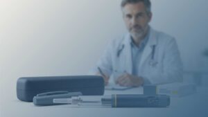 Caneta injetável para tratamento da obesidade apoiada sobre mesa médica, com profissional de saúde ao fundo em ambiente clínico.